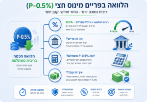 הלוואה בפריים מינוס חצי (P-0.5%) - אינפוגרפיקה המסבירה כיצד מחושבת ריבית פריים מינוס חצי, מהם היתרונות של ריבית נמוכה יותר, איך המסלול עובד, וכיצד ניתן ליהנות מהחזר חודשי נמוך יותר ותהליך אישור מהיר.