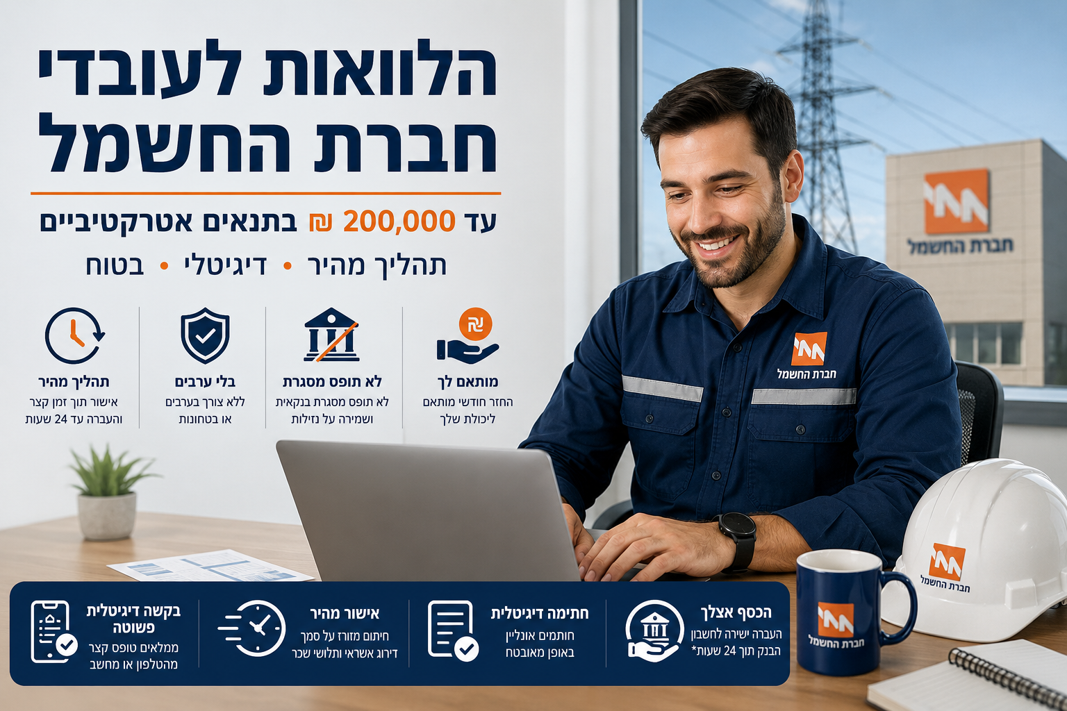 עובד חברת החשמל בודק הלוואה עד 200,000 ש"ח בתהליך דיגיטלי מהיר ובתנאים אטרקטיביים