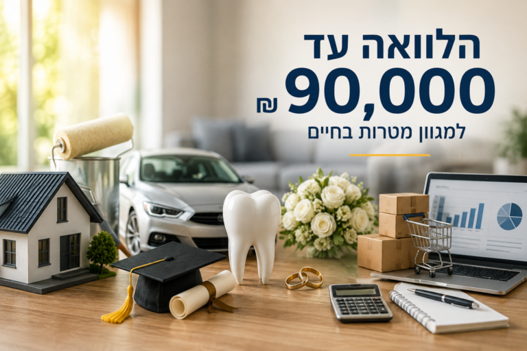 תמונה להמחשה של הלוואה עד 90,000 ש"ח למגוון מטרות, בהן שיפוץ הבית, רכישת רכב, לימודים, טיפולי שיניים, אירועים משפחתיים ומימון צרכים עסקיים.