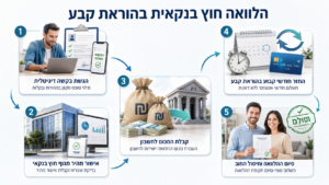 אינפוגרפיקה ריאליסטית המציגה את תהליך קבלת הלוואה חוץ בנקאית בהוראת קבע, מהגשת בקשה דיגיטלית ועד סיום ההלוואה וחיסול החוב