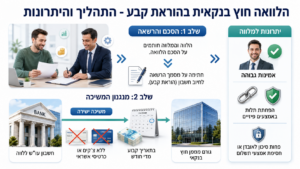 אינפוגרפיקה ריאליסטית המציגה את התהליך והיתרונות של הלוואה חוץ בנקאית בהוראת קבע, כולל שלב ההסכם וההרשאה, מנגנון המשיכה החודשית ויתרונות כמו אמינות גבוהה והפחתת תלות באמצעי תשלום פיזיים