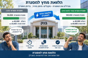 אינפוגרפיקה ריאליסטית בנושא הלוואה מחוץ למסגרת, עם בנק במרכז, השוואה בין מסגרת אשראי לפני ואחרי קבלת ההלוואה, ושני אנשים משני הצדדים המדגישים מימון מהיר, גמישות פיננסית והגדלת מסגרת האשראי.